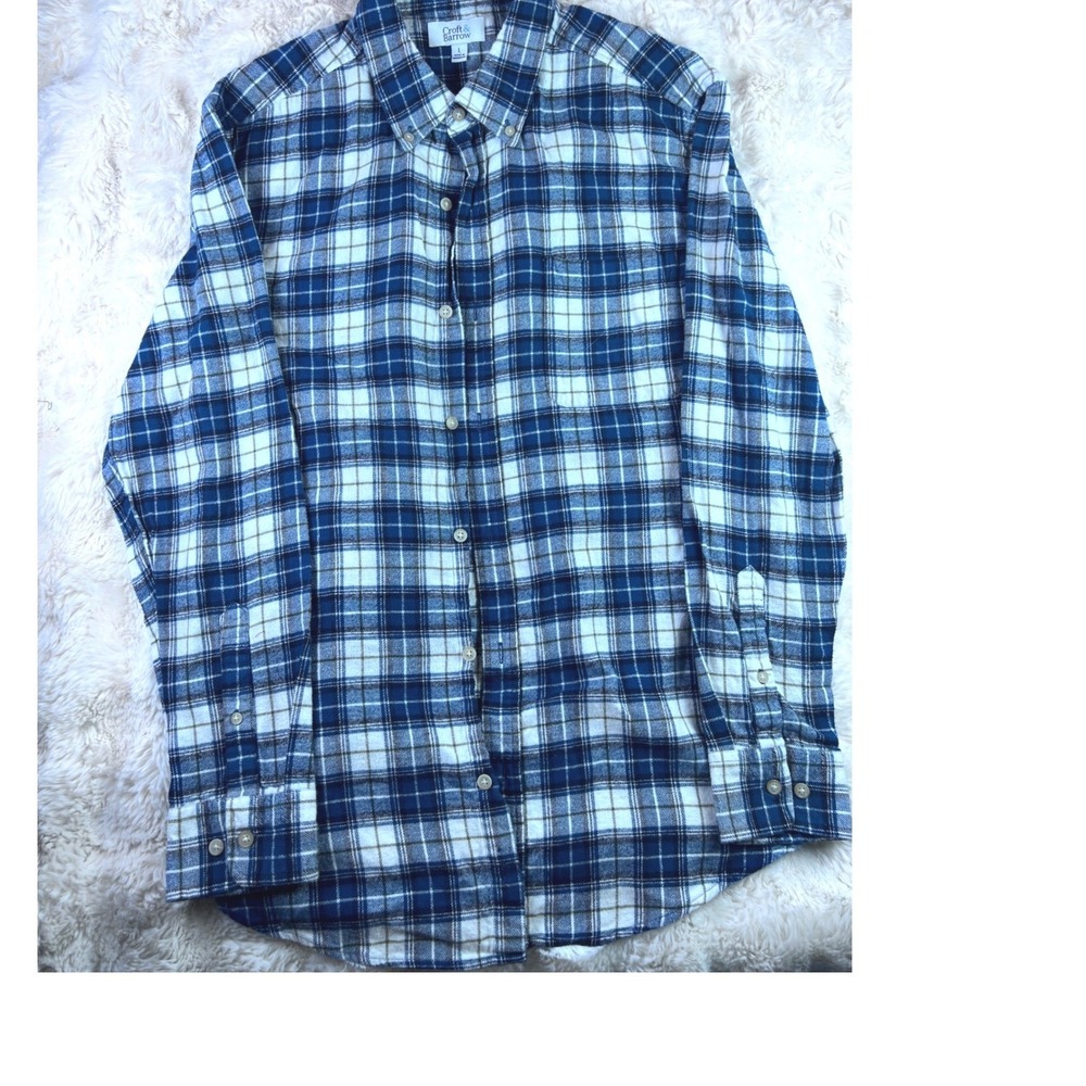 Craft & Barrow Mens Blue White Plaid Flannel Button Down Shirt Large L L/S. A14
